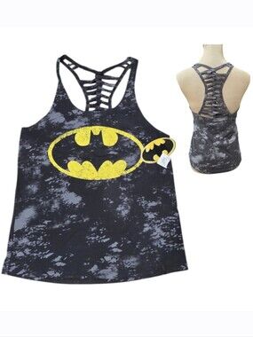 NWT Batman Women's Strappy Racerback Tank Top Black Acid Wash Graphic Size S